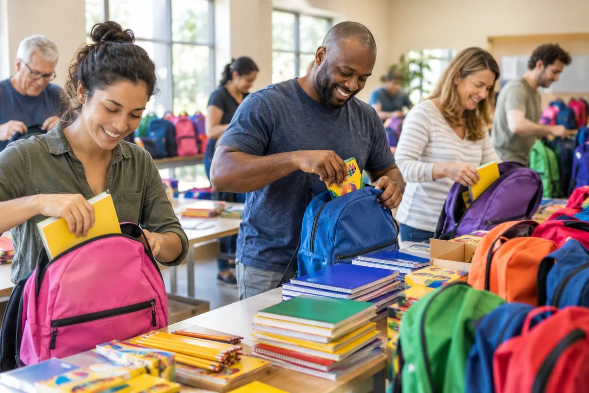 Volunteers packing new backpacks with notebooks, crayons and school supplies